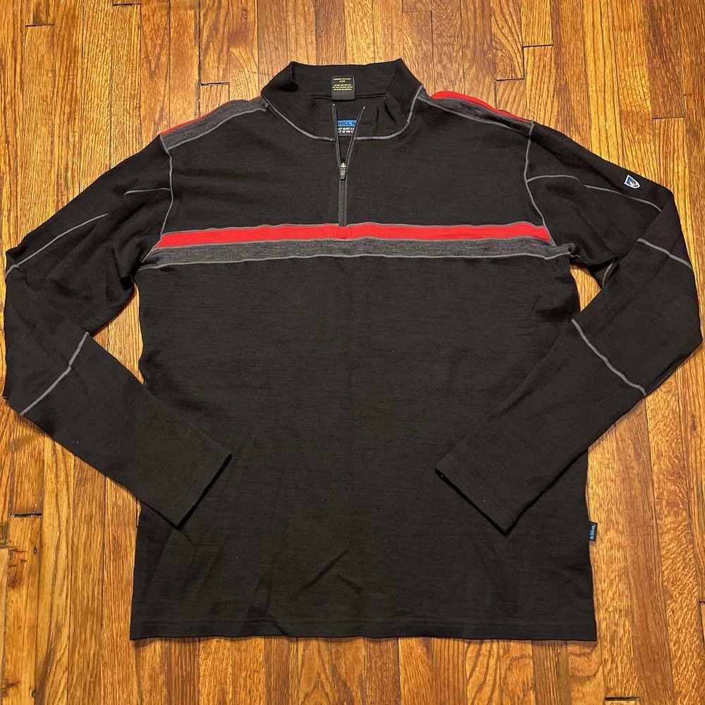 Kuhl Downhill Racr 1/4 Zip Pullover Men Large Black Red 100% Merino Wool